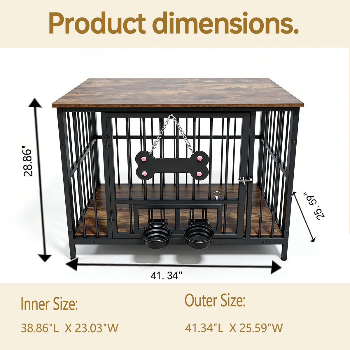 Wood Grain Metal Dog Crate Furniture – Double Outside-Fill Bowls, Bone Door Plaque, Brown &amp; Black – view 3