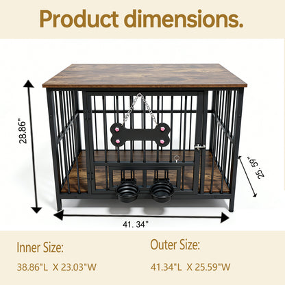 Wood Grain Metal Dog Crate Furniture – Double Outside-Fill Bowls, Bone Door Plaque, Brown &amp; Black – view 3