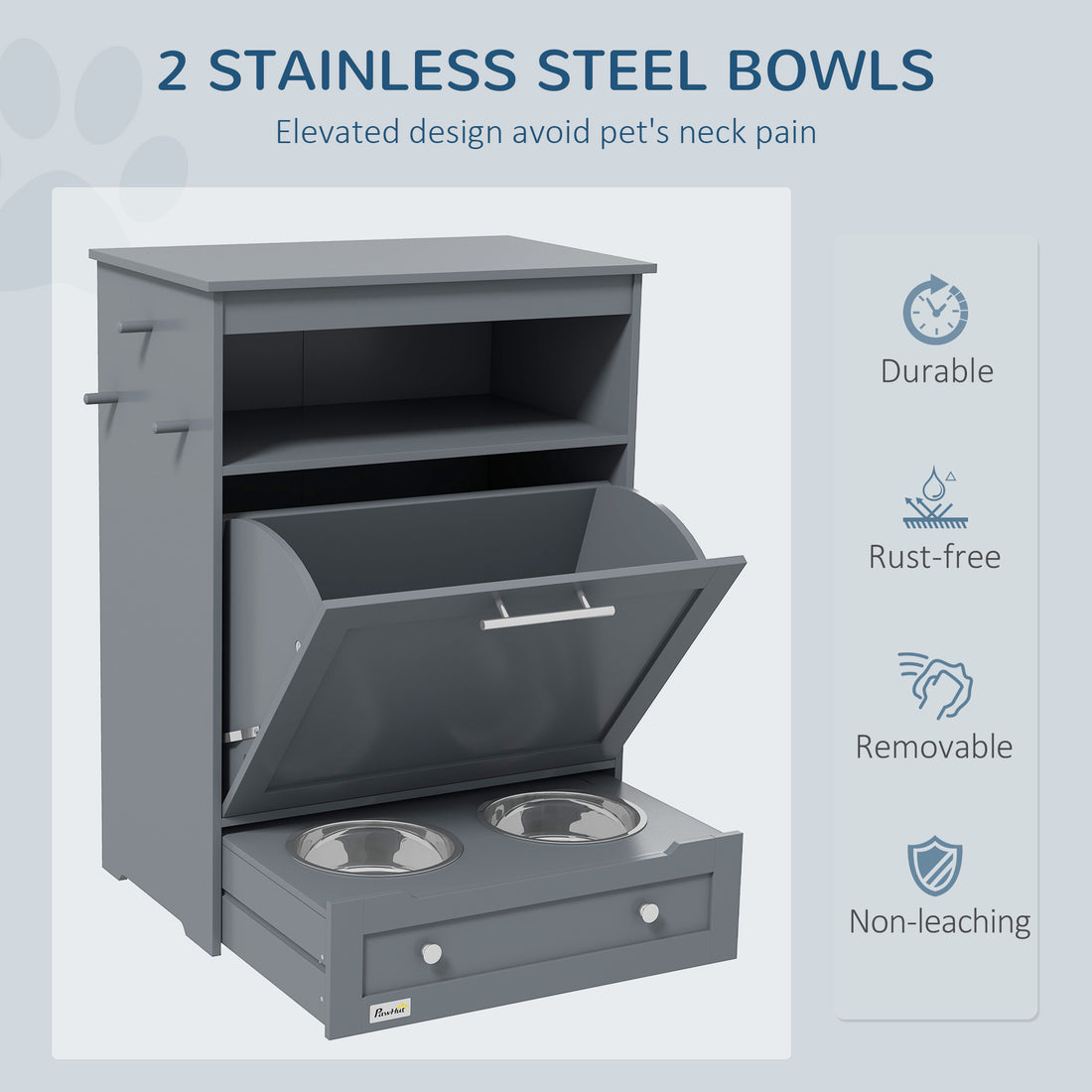 Pet Feeding Station Cabinet with Pull-Out Raised Bowl Drawer, Hooks and Storage, Grey – view 2