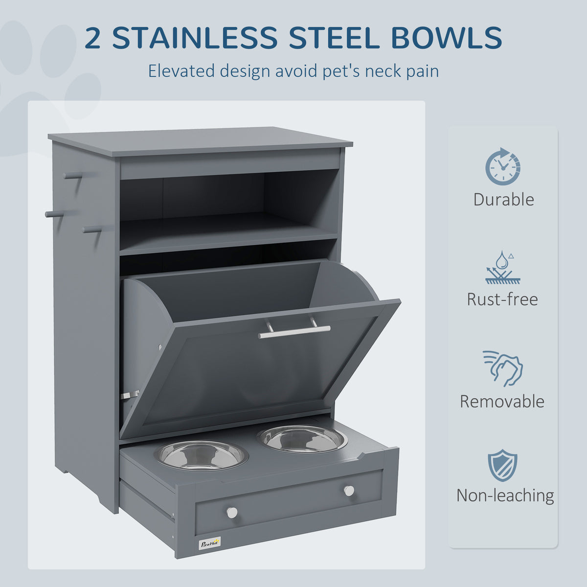 Pet Feeding Station Cabinet with Pull-Out Raised Bowl Drawer, Hooks and Storage, Grey – view 2