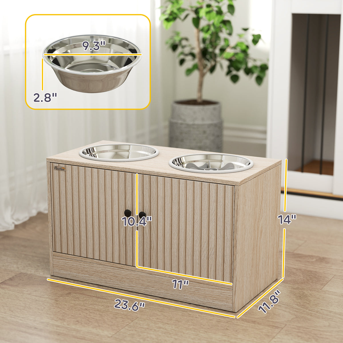 Elevated Dog Bowls with Storage Cabinet – 2 Stainless Bowls &amp; Slow Feeder Insert, Oak – view 3