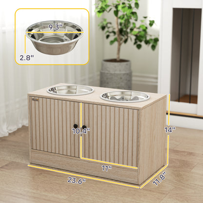 Elevated Dog Bowls with Storage Cabinet – 2 Stainless Bowls &amp; Slow Feeder Insert, Oak – view 3