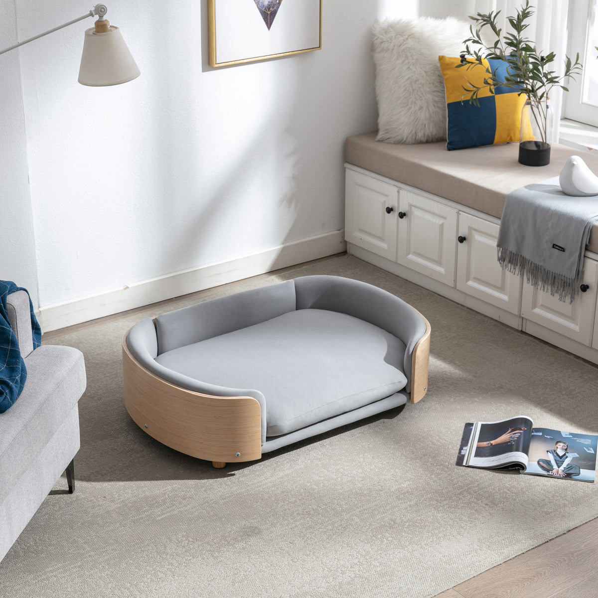 Scandinavian Elevated Dog Sofa Bed – Solid Wood Legs, Bent Wood Back, Velvet Cushion, Light Grey – view 6