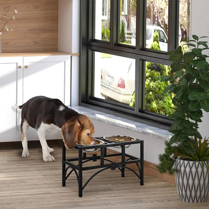 Raised Double Cat Bowl Stand with Iron Frame &amp; 2 Stainless Steel Bowls, Black and Silver – view 8
