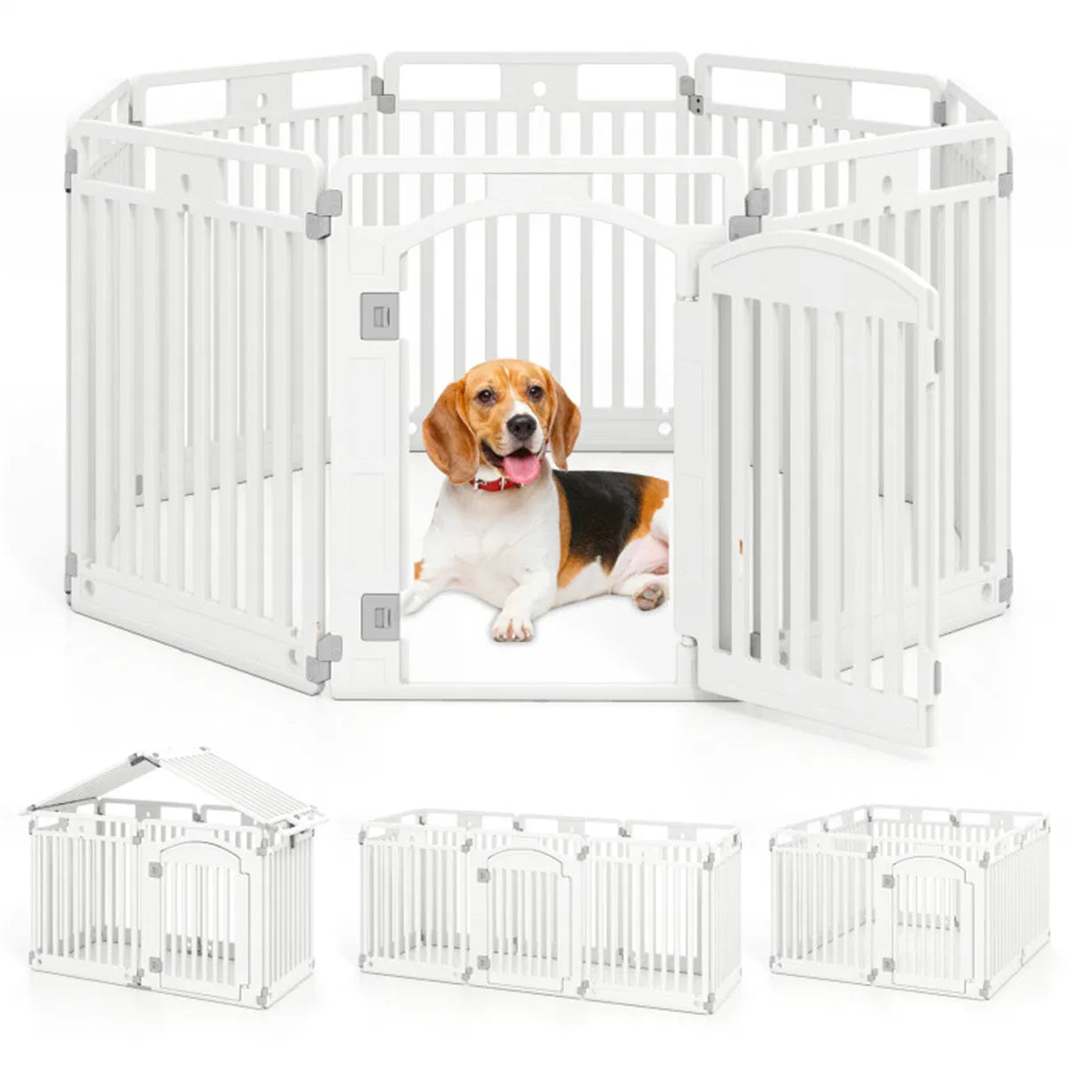 8-Panel Plastic Dog Playpen – White, 50 x 50 x 32 in, Lockable Door, Multiple Shapes