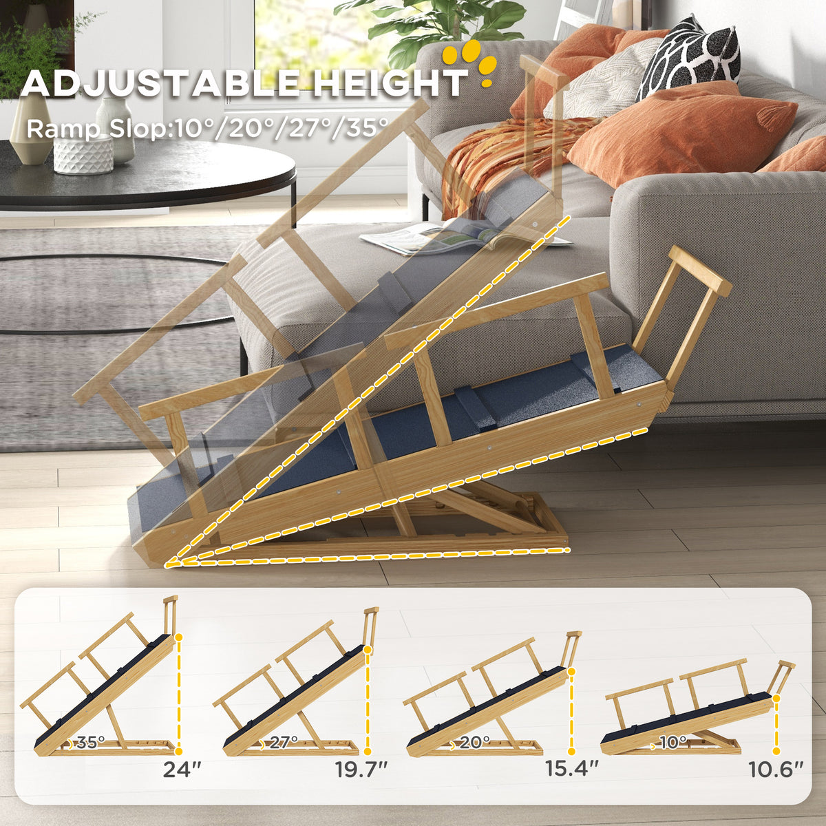 Adjustable Height Wooden Dog Ramp – Foldable Pine Pet Steps with Non-Slip Mat, 4 Levels – view 5