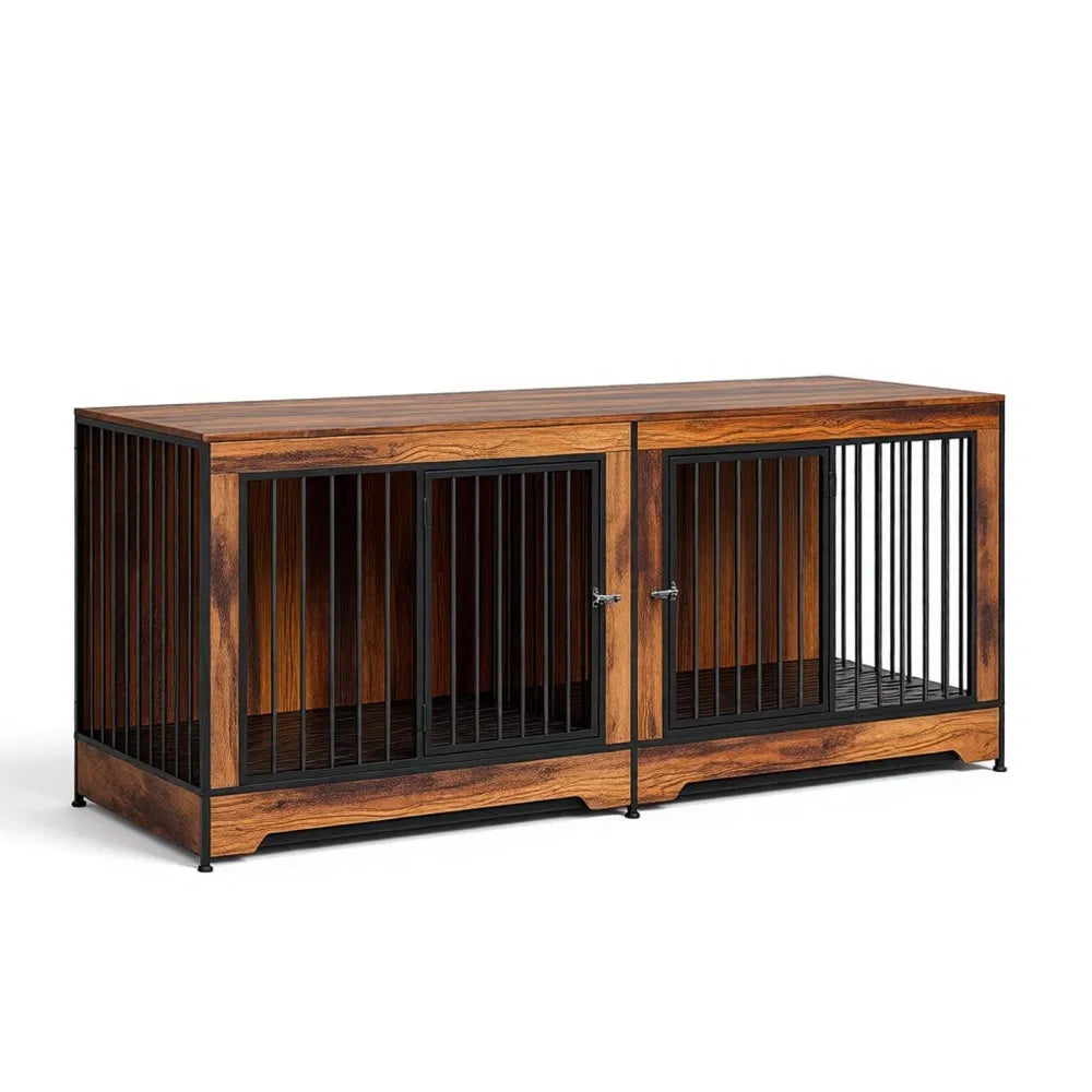 Double Dog Crate Furniture with Divider – End Table / TV Stand for 2 Dogs – view 2