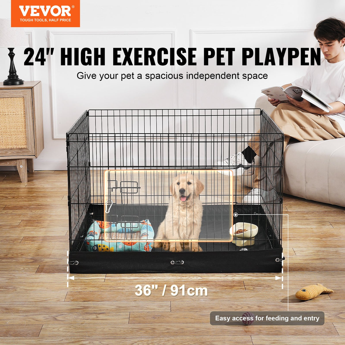 4-Panel Foldable Metal Dog Playpen with Bottom Mat – 36 x 36 Inch, 24-Inch High, Black – view 2