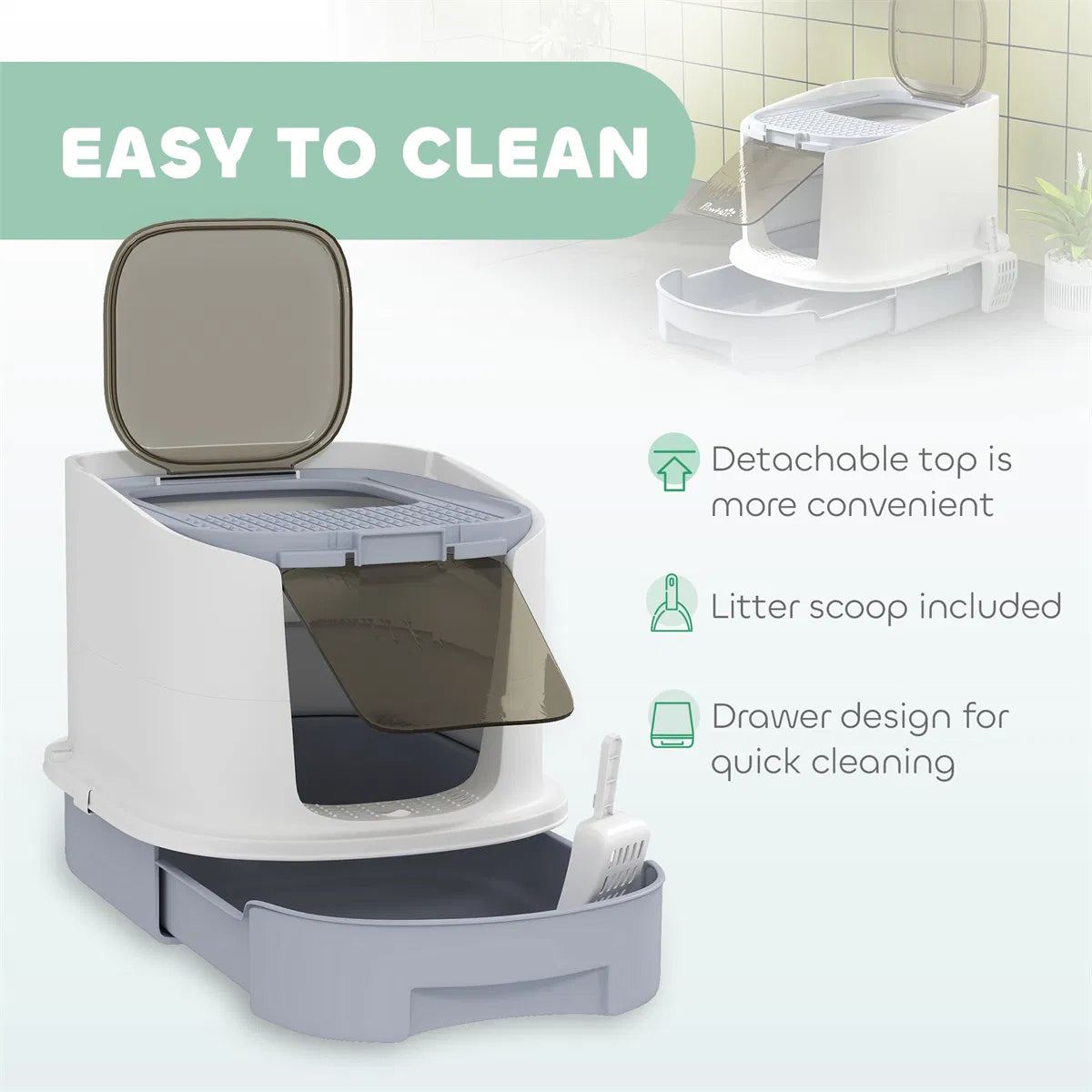 Enclosed Cat Litter Box with Drawer – Top Exit, Scoop &amp; 2 Deodorizing Bags, for Cats Under 10 lbs – view 6
