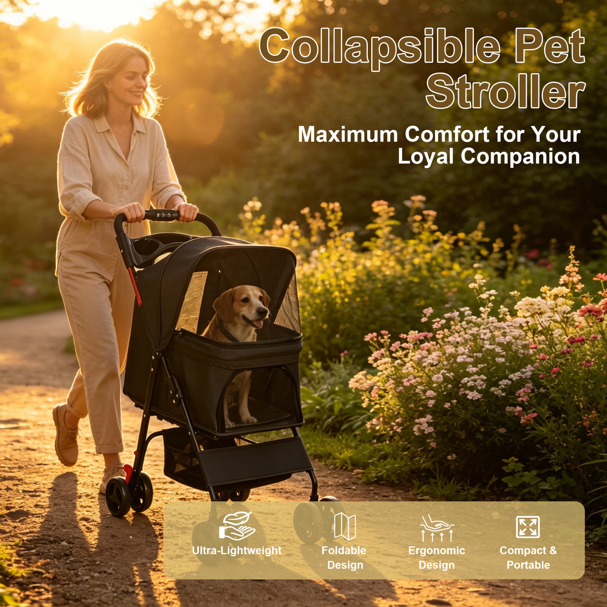 Foldable Pet Stroller for Small Dogs and Cats – One-Hand Fold, Tray, Storage Basket, Black – view 10