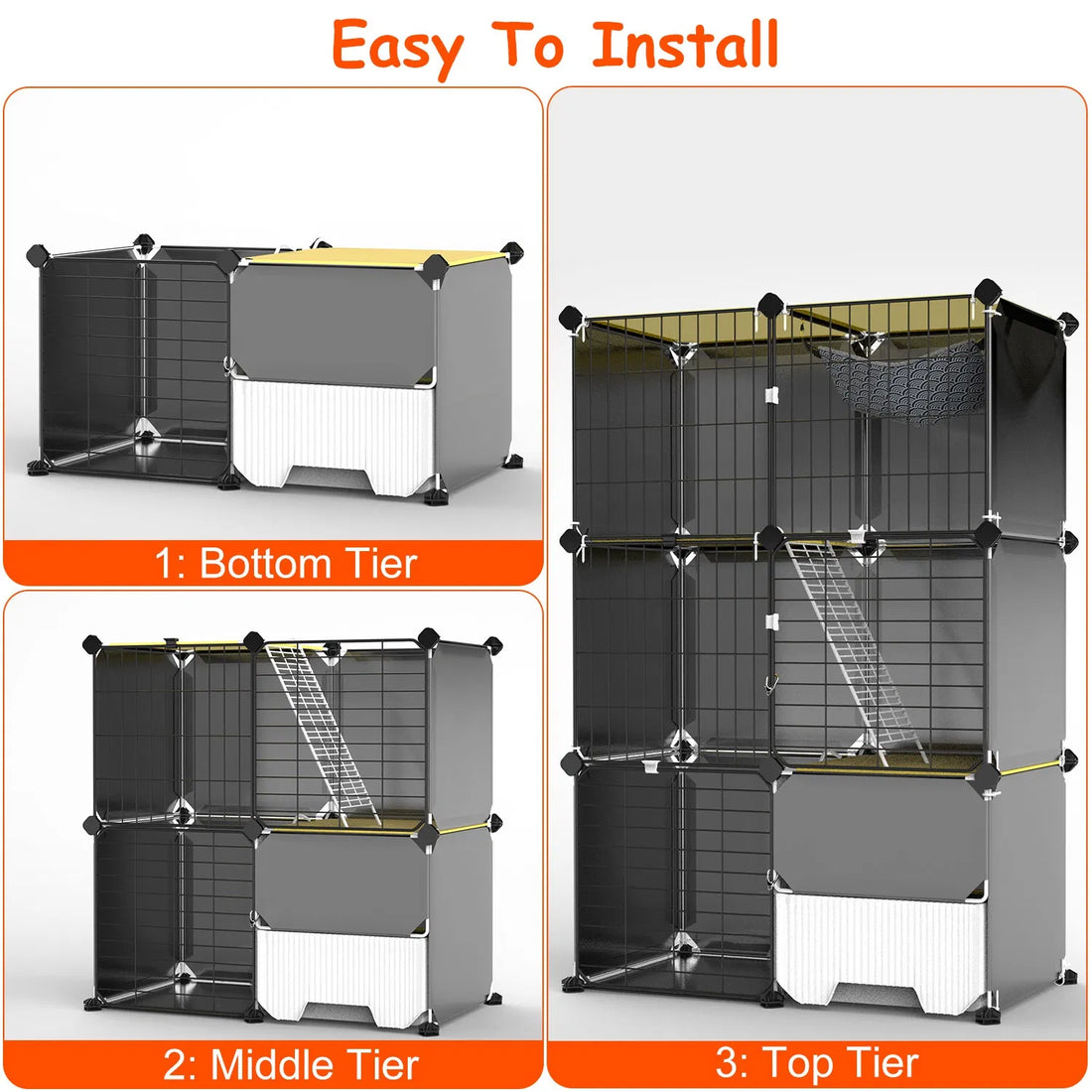 3-Tier Indoor Cat Cage with Pull-Out Litter Drawer, Ladder &amp; Reversible Hammock – view 2
