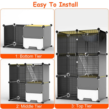 3-Tier Indoor Cat Cage with Pull-Out Litter Drawer, Ladder &amp; Reversible Hammock – view 2
