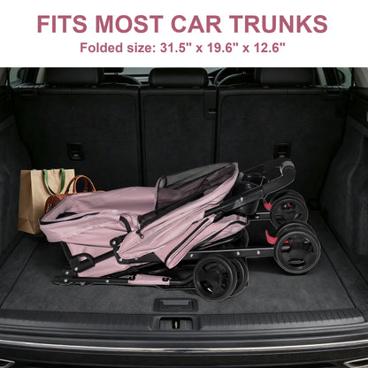 Foldable Pet Stroller for Small Dogs and Cats – One-Hand Fold, Tray, Storage Basket, Pink – view 10