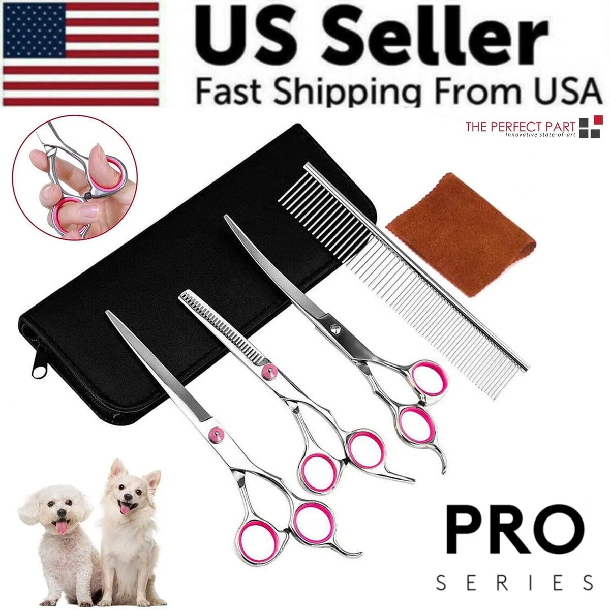 Pet Grooming Scissors Kit – Straight, Curved and Thinning Shears with Comb and Zippered Case