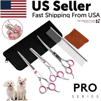 Pet Grooming Scissors Kit – Straight, Curved and Thinning Shears with Comb and Zippered Case