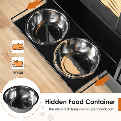 Hidden Dog Feeding Station with 2 Cabinets – Pull-Out Bowls, Rattan Doors, Black – view 6