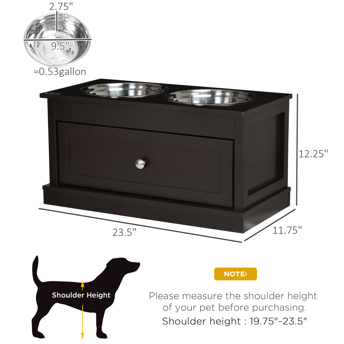 Elevated Dog Bowl Stand with 11 L Storage Drawer &amp; 2 Stainless Steel Bowls, Espresso Brown – view 3