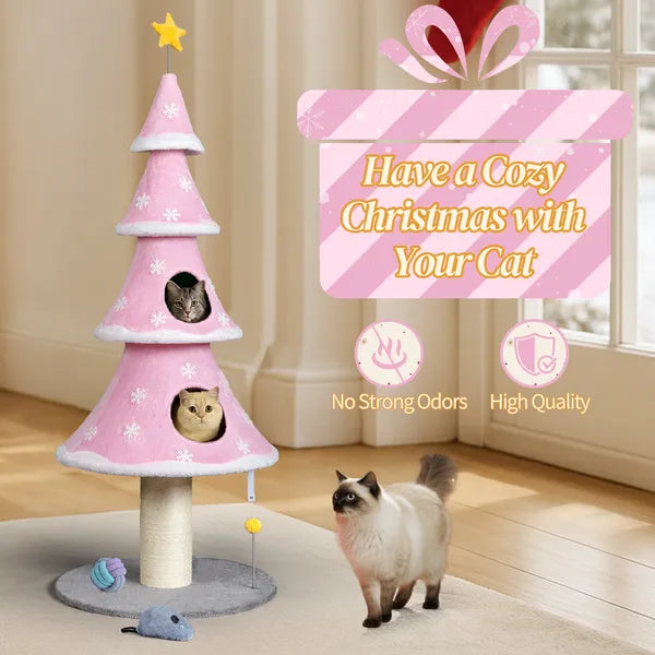 59" Christmas Tree Cat Tower – 2 Cat Condos, Sisal Scratching Post, Soft Fleece, Teaser Toy, Pink – view 4