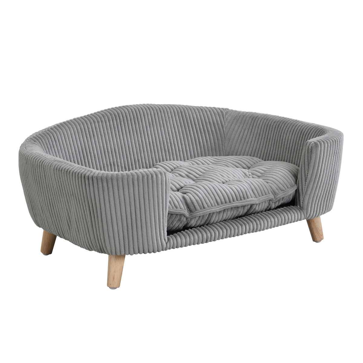 Elevated Dog Bed for Small Dogs – Corduroy Couch, Rubber Wood Legs, Supportive Foam, Grey – view 7