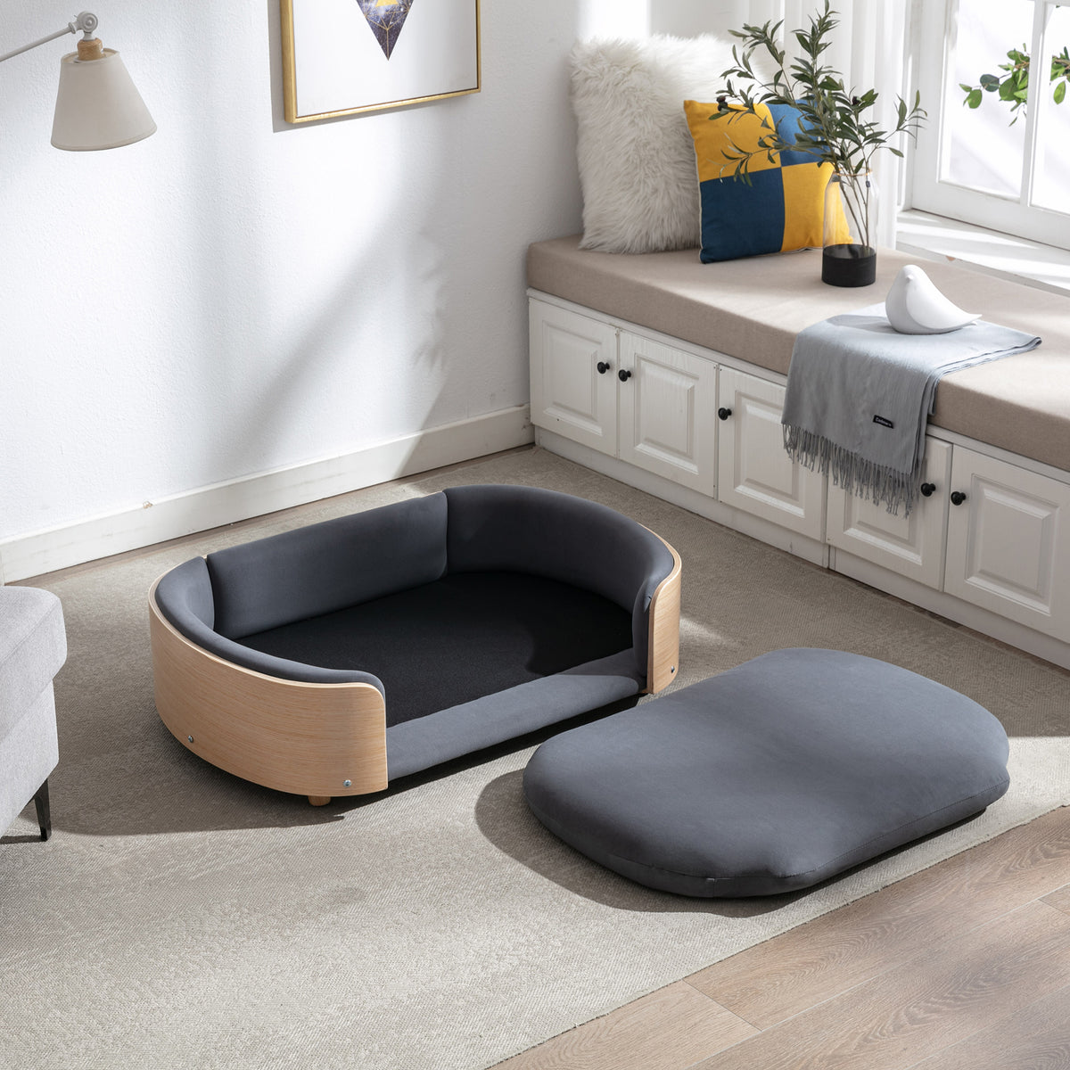 Scandinavian Elevated Dog Sofa Bed – Solid Wood Legs, Bent Wood Back, Velvet Cushion, Dark Gray – view 8