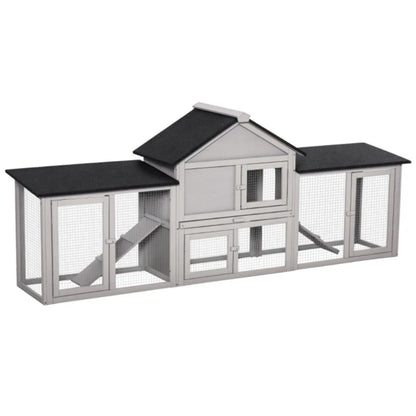 Wooden Rabbit Hutch with Run – Raised House, Ramp &amp; Slide-Out Tray, 82.75" Long, Gray – view 3