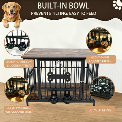 Wood Grain Metal Dog Crate Furniture – Double Outside-Fill Bowls, Bone Door Plaque, Brown &amp; Black – view 6