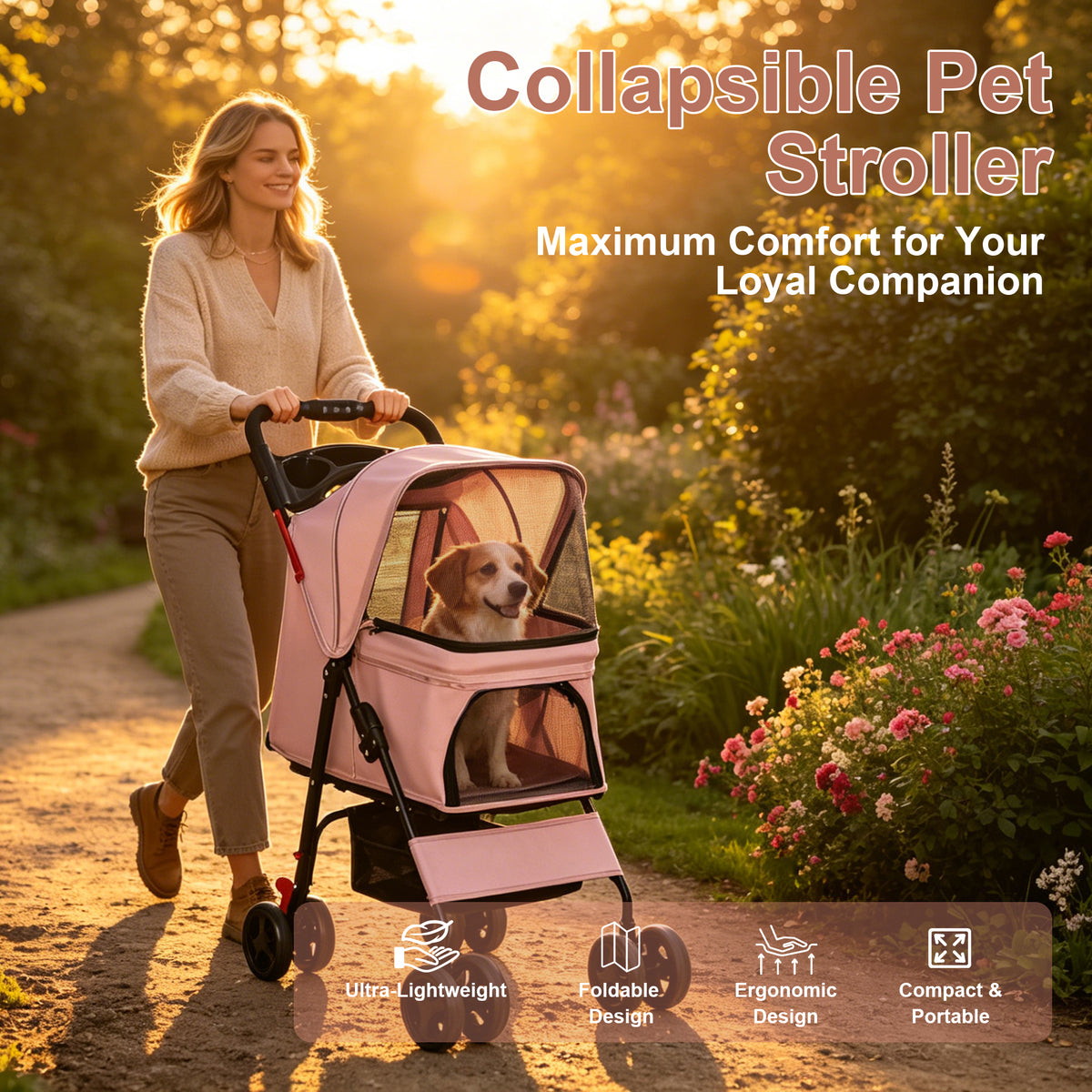 Foldable Pet Stroller for Small Dogs and Cats – One-Hand Fold, Tray, Storage Basket, Pink – view 7