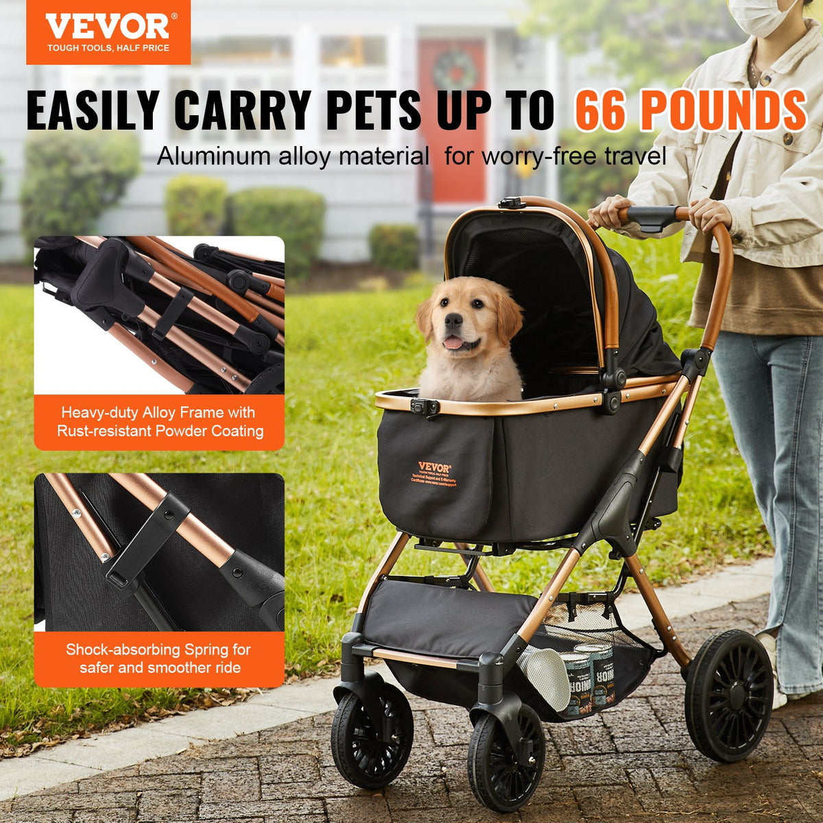 4-Wheel Dog Stroller with Detachable Carrier – Aluminum Frame, Brakes, Up to 66 lbs, Black – view 2