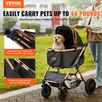 4-Wheel Dog Stroller with Detachable Carrier – Aluminum Frame, Brakes, Up to 66 lbs, Black – view 2