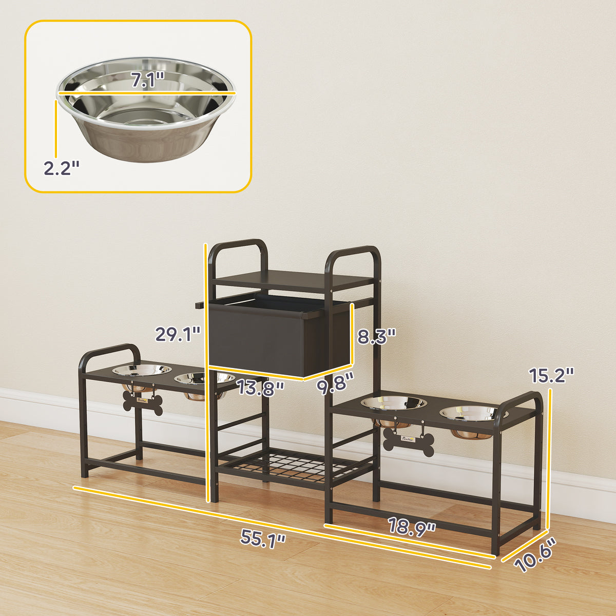 Height-Adjustable Dog Feeding Station with 4 Stainless Bowls, Drawer &amp; Toy Bin, Black – view 3