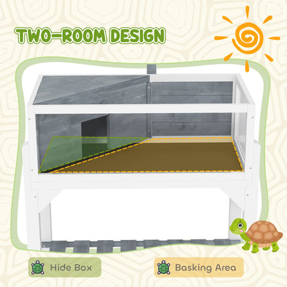 Fir Wood Tortoise House with Basking Room – Clear Panels, Lamp Holder &amp; Tray, Gray &amp; White – view 3