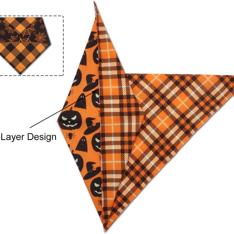 Halloween Dog Bandanas 2-Pack – Reversible Pumpkin &amp; Spider Web Scarves for Medium &amp; Large Dogs, Orange – view 3