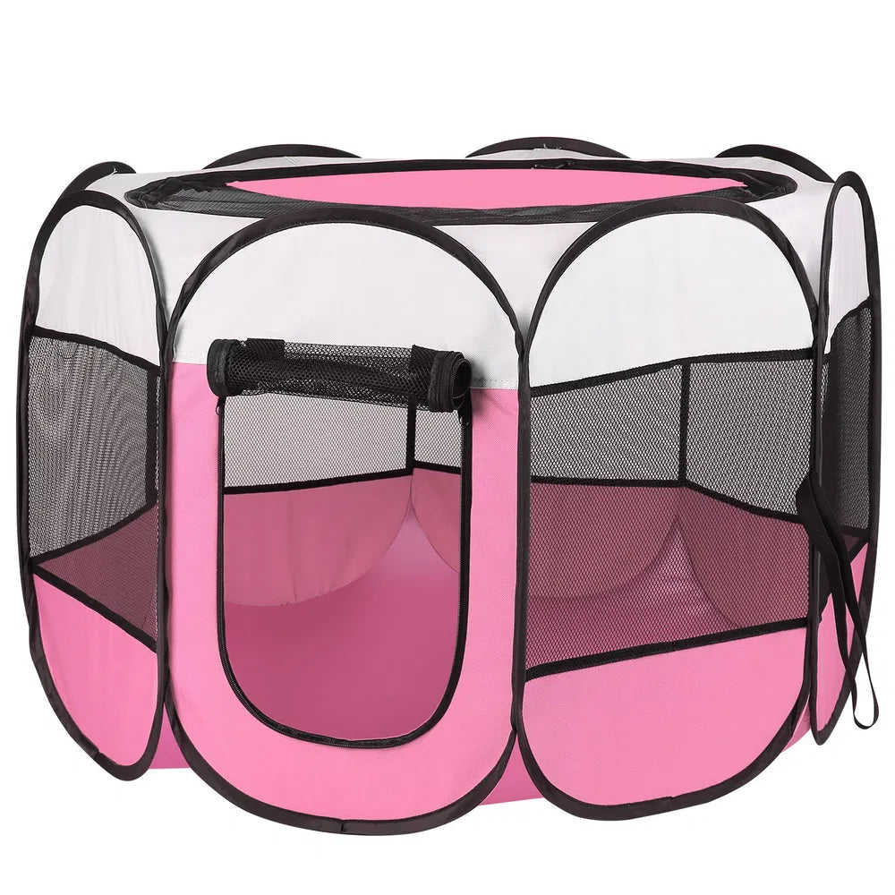 Portable Foldable Pet Playpen – 8-Panel Mesh Pen with Zip Top &amp; Bottom, Pink – view 5