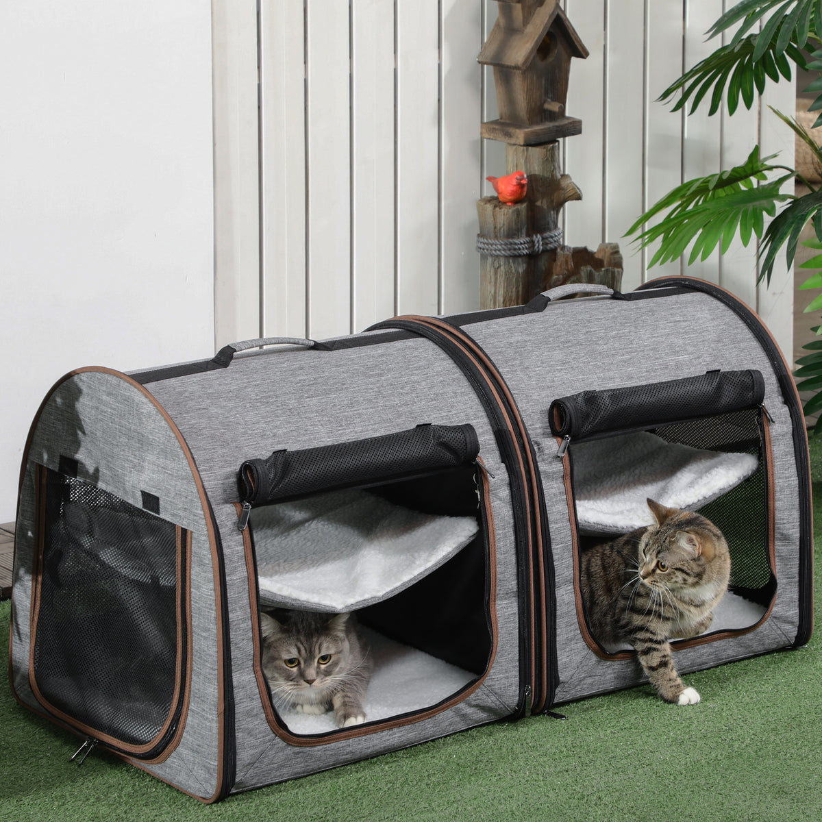39" Double Cat Carrier with Divider – Foldable Soft-Sided Pet Crate, 2 Compartments, Light Gray – view 2