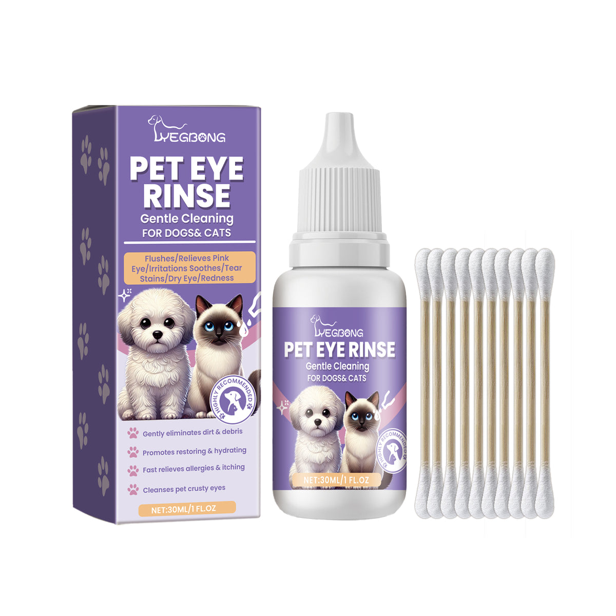 Pet Eye Rinse Solution for Dogs &amp; Cats, 30 ml Bottle with Cotton Swabs