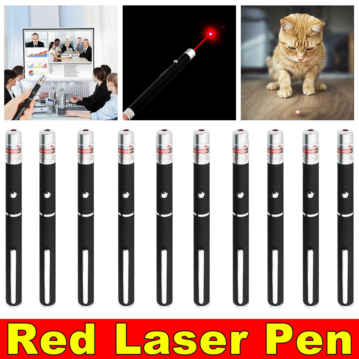 Red Laser Pointer Pens, 10-Pack – 650 nm Single Beam Pen Light, Black, AAA Powered