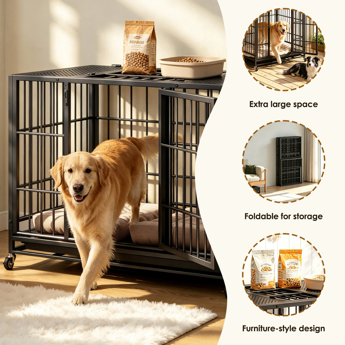 Heavy Duty Rolling Dog Crate – Metal Kennel with Lockable Wheels &amp; Removable Tray – view 10