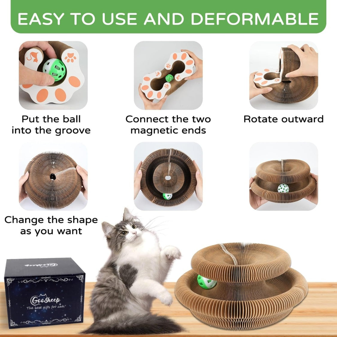 Accordion Cat Scratcher with Bell Ball – Foldable Corrugated Cardboard Scratching Toy, Brown – view 7