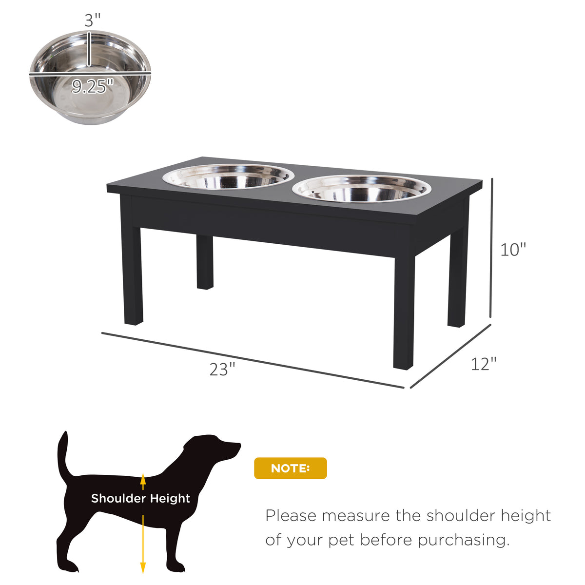 23 in Wooden Elevated Dog Feeding Station with 2 Stainless Steel Bowls, 2 L Each, Black – view 3