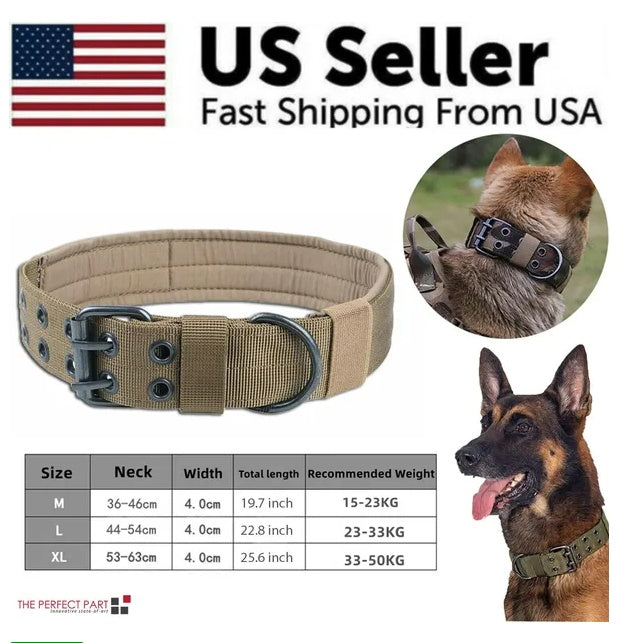 Wide Tactical Nylon Dog Collar – Heavy Duty 1.65" Width, Metal Buckle, Neoprene Lined, Brown
