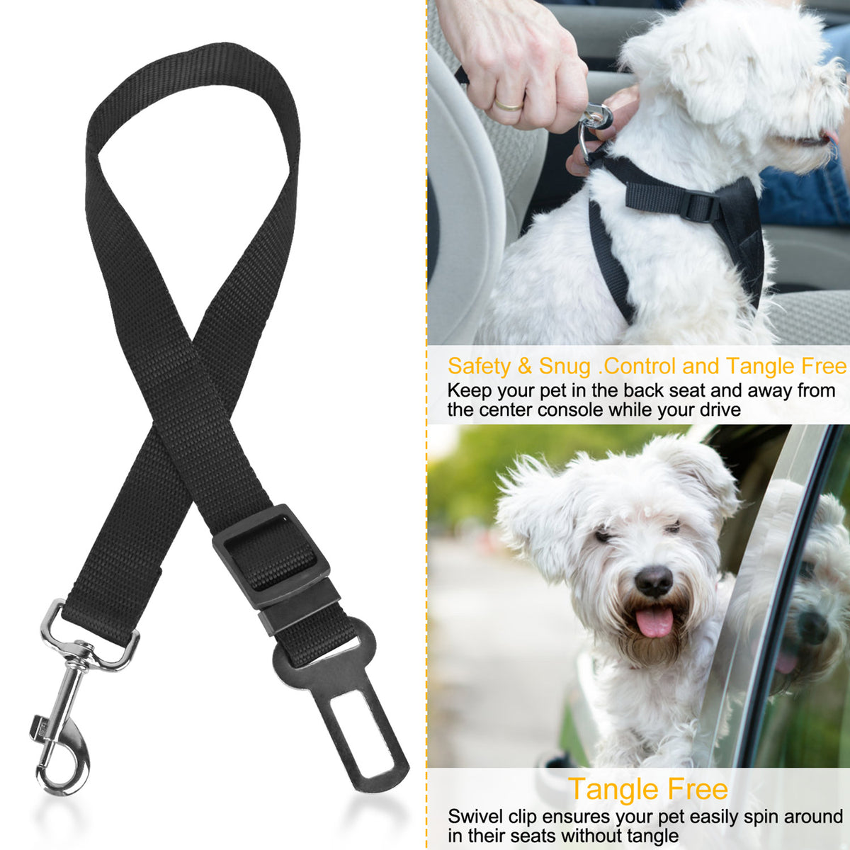 Dog Seat Belt 2-Pack with Swivel Carabiner – Adjustable Nylon Car Safety Lead for Dogs &amp; Cats, Black – view 4