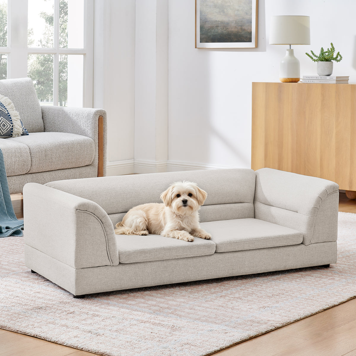Oversized Linen Dog Sofa – Raised Pet Couch with Curved Armrests for Large Dogs, Beige – view 3