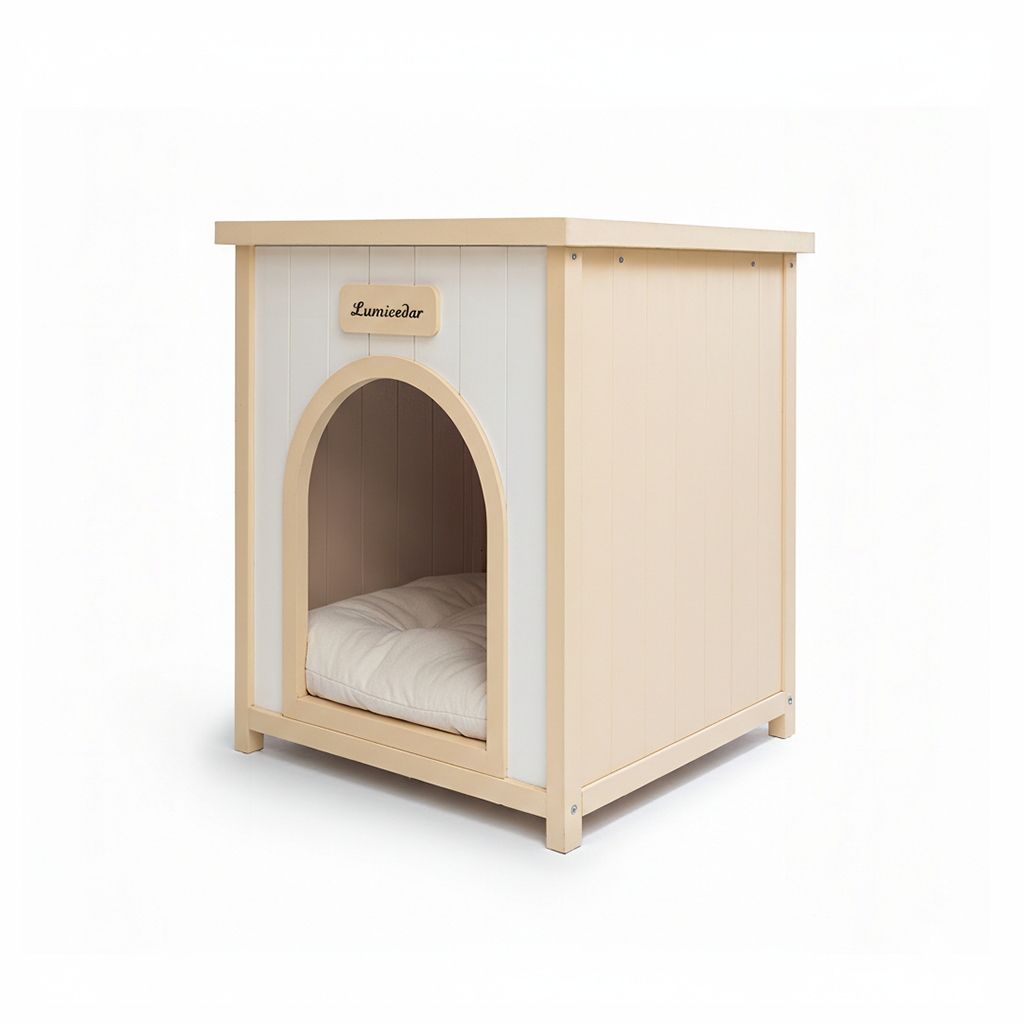 Solid Cedar Indoor Dog House – Removable Cushion, Side Table Top, Cream White &amp; Light Yellow – view 8