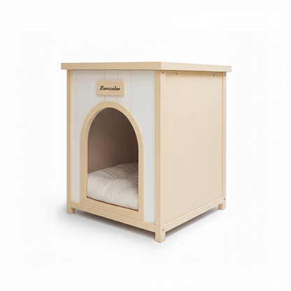 Solid Cedar Indoor Dog House – Removable Cushion, Side Table Top, Cream White &amp; Light Yellow – view 8