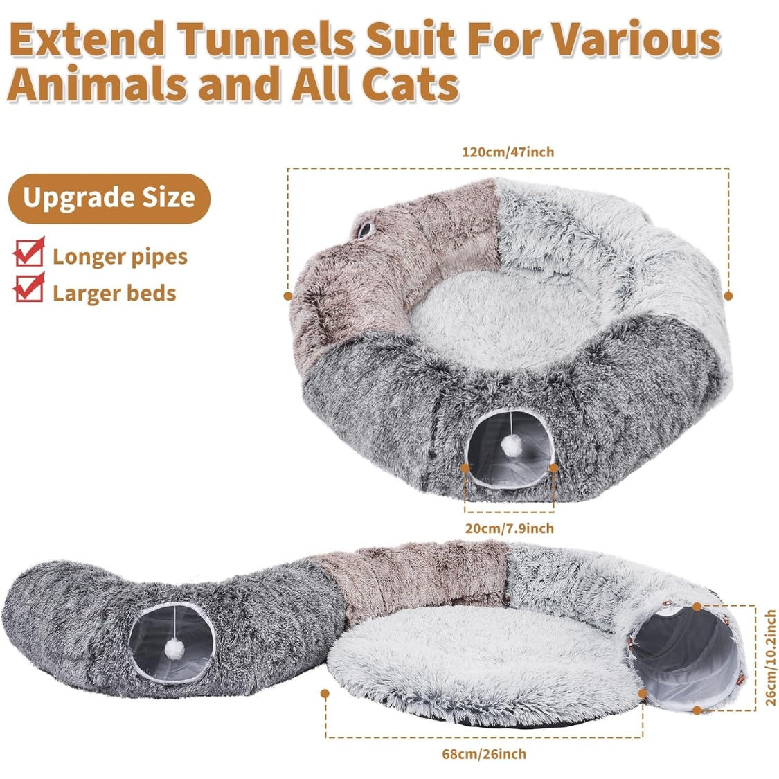 Large Plush Donut Cat Tunnel with Detachable Bed and 20 Cat Toys, 87 in, Gray – view 6