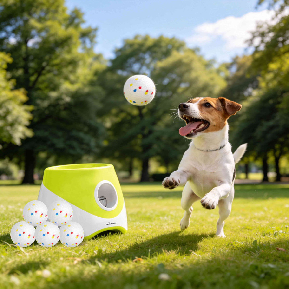 Automatic Dog Ball Launcher with 3 Distance Settings, Rechargeable, 6 Balls Included, Green