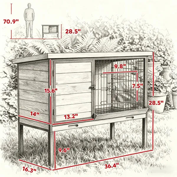 Wooden Rabbit Hutch with Run – Elevated Small Animal Cage, Pull-Out Tray, Waterproof Roof, Gray – view 5