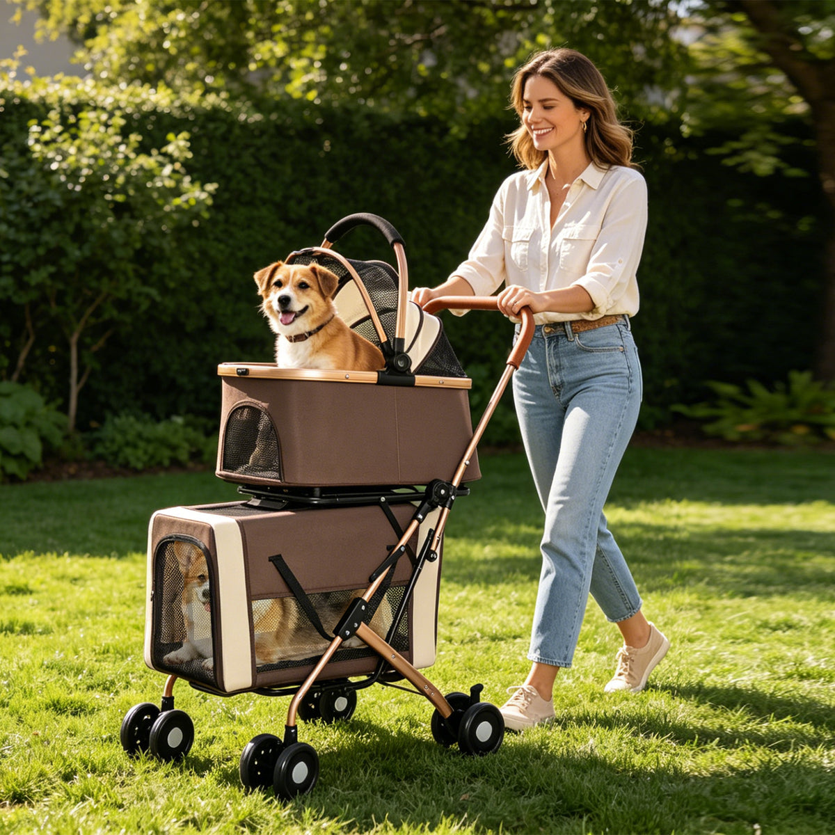 Double Pet Stroller for Dogs and Cats – 3-in-1 Carrier &amp; Tote, Shockproof Wheels, Brakes, Khaki – view 5