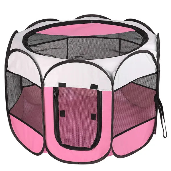 Portable Foldable Pet Playpen – 8-Panel Mesh Pen with Zip Top &amp; Bottom, Pink – view 4