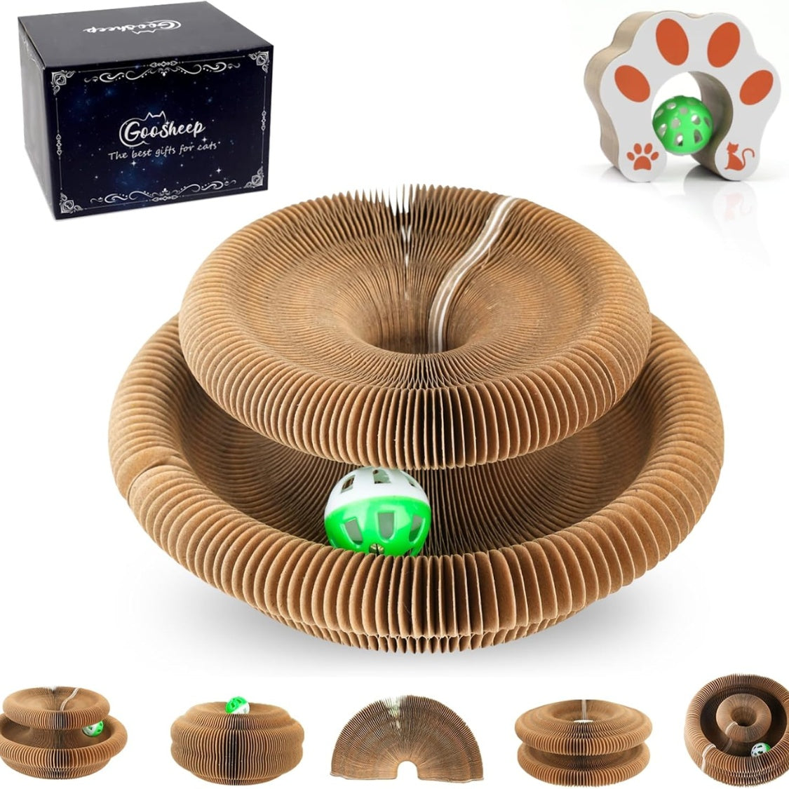 Accordion Cat Scratcher with Bell Ball – Foldable Corrugated Cardboard Scratching Toy, Brown